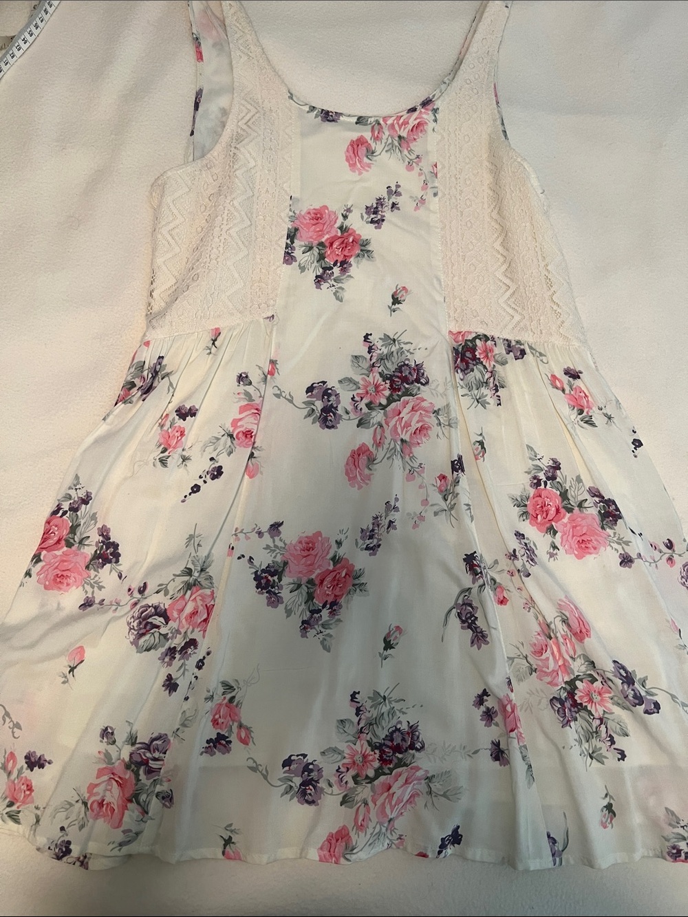 Floral Lace-Trim White Mini Dress with Pink & Purple Roses